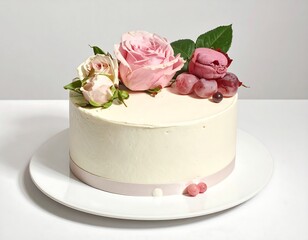 A delicate, white cake adorned with pastel pink roses, grapes, and macarons sits beautifully on a pristine white plate.