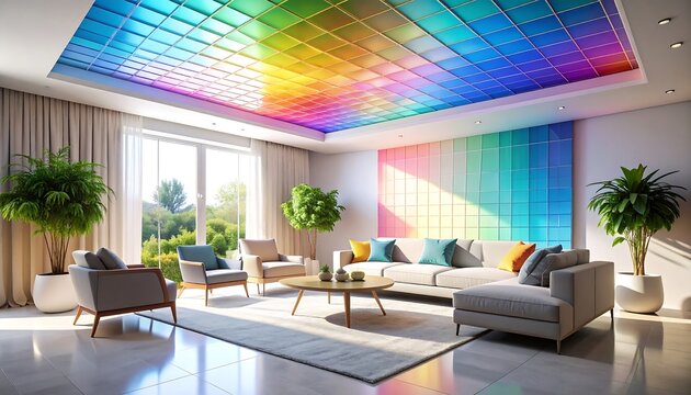 Modern Living Room with Colorful Illuminated Ceiling and Stylish Furniture