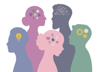 Group of silhouettes people with different ideas and thoughts in heads. Concept of business , insight, reflection, communication