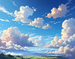 A vast expanse of a vibrant blue sky, filled with fluffy white cumulus clouds, overlooks a serene landscape of rolling green hills.