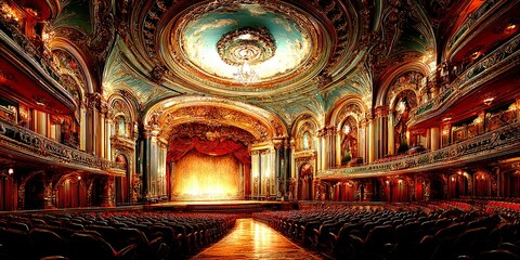 Obraz premium Luxurious theater interior showcasing ornate design, rich colors, and grand architecture during an evening performance - High Contrast