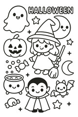 Funny halloween and characters set for children's coloring book illustration
