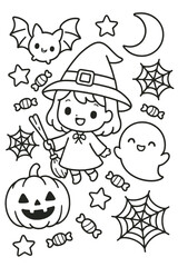 A fun vector outline drawing of a halloween set for a children's coloring book with Christmas and Halloween elements