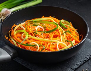 Colorful, vibrant carrot and leek noodles tossed in a pan, garnished with sesame seeds and herbs.