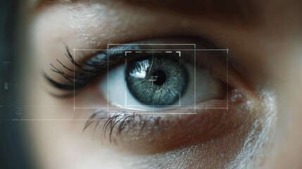 Futuristic eye scan with advanced technology revealing biometric data and detailed iris pattern for security or medical analysis, showcasing innovation and cutting-edge digital interface