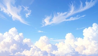 A serene, bright depiction of a vast, light-blue sky filled with soft, white clouds, showcasing a tranquil and peaceful atmosphere.
