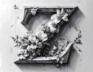 Ornate capital letter Z embellished with detailed floral decorations, showcasing a meticulously crafted design in a grayscale palette.