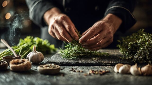 Chef carefully prepares fresh rosemary and herbs for a gourmet meal, showcasing culinary passion and artisanal cooking in a rustic kitchen setting full of savory aromas