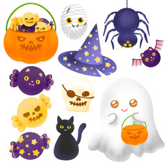 할로윈 관련 일러스트 모음. 호박 사탕 바구니, 미라, 귀여운 유령, 박쥐, 거미, 마법사 모자, 해골, 검은 고양이 일러스트. PNG