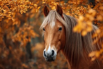 Obraz premium Portrait of a Don breed horse surrounded by vibrant autumn foliage in a picturesque Russian landscape during the fall season