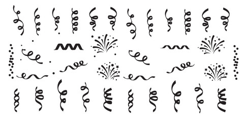 Festive ribbon set, black outline silhouette, minimalist streamer and confetti stencil design, vector outline on a transparent background.