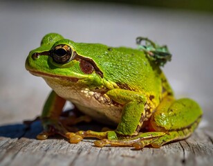 Close-up view of a vibrant green frog with subtle yellow accents, perched on a weathered wooden surface.