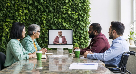 Diverse group of business people engaging in video conference, having virtual meeting with executive muslim businesswoman in modern office with vertical garden