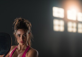 Female athlete with a padel racket poses confidently in a studio setting, showcasing strength and determination, illuminated by soft light filtering through windows