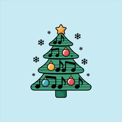 Musical Christmas Tree with Notes and Ornaments Vector