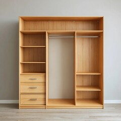 An oak wardrobe against a simple backdrop, with a minimalist design