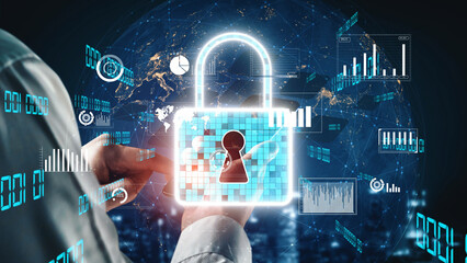 This image depicts a digital security concept highlighting a padlock overlay against a backdrop of data visualization, embodying the essence of cyber security and protection. Xenic