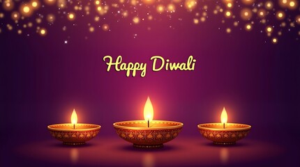 Three lit diyas glowing brightly on a purple background with bokeh lights