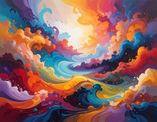 A vibrant and dynamic abstract painting depicting swirling clouds and waves of vibrant color.