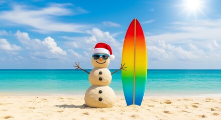 Illustration of snowman wearing a santa hat and sunglasses on a tropical beach with a surfboard