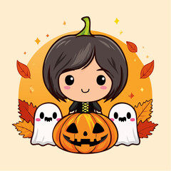 Fototapeta premium chibi pumpkin princess and ghost companions sticker-and-wrap vector set for kids’ gifts