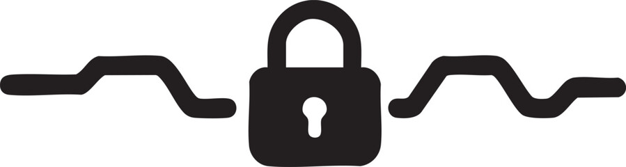 A simple lock icon with broken chain links on either side isolated on white background silhouette