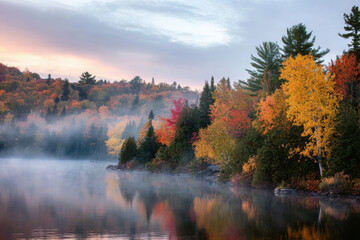 Autumn landscape with colorful trees reflecting in a calm lake misty morning scene in nature serene fall season background