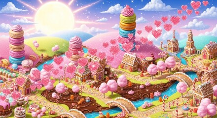 Enchanting gingerbread village with sweet river and dessert towers under candy sunshine