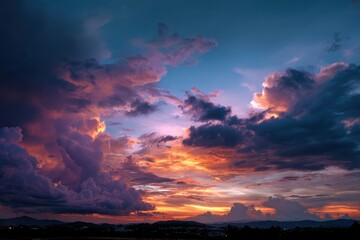 Naklejka premium Dramatic dusk sky displaying vibrant colors and bold cloud formations during the evening