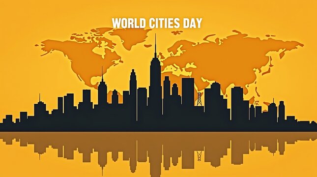 World cities day celebration with global cityscape silhouette and map