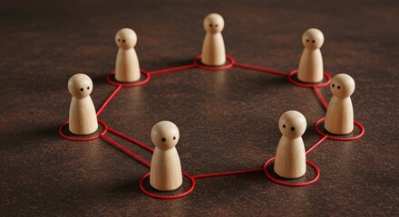 Obraz premium Wooden Figures Connected by Red String on Dark Surface - Teamwork, Collaboration, and Interdependence.