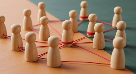 Obraz premium Wooden Figures Linked by Red Lines, Forming a Social Network Across a Bicolored Divide.