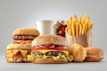 Delicious fast food spread featuring burgers, fries, and drinks on a clean white background ready to be enjoyed
