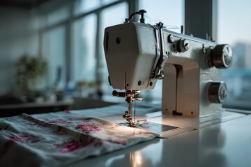 White sewing machine on blurred workspace with floral fabric being stitched during the day