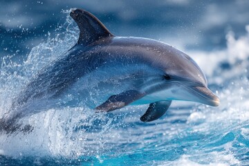 Fototapeta premium Dolphin gracefully leaps from the ocean, creating beautiful splashes of water under the bright sun in a vibrant marine habitat