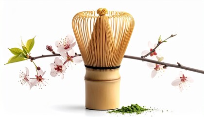 A traditional bamboo chasen whisk for matcha tea with green powder and a blooming cherry blossom branch on a white background.