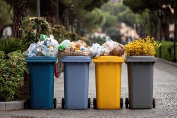 Colorful recycling bins overflowing with waste along a city walkway during the day