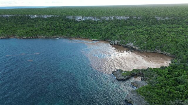 4K drone footage of Boca de Yuma coast at evening, showing shore, gentle waves, green palms and village entrance under soft sky &mdash; perfect for travel promos and sunset-hours content