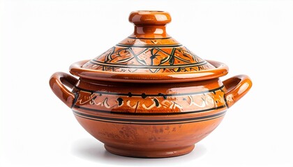 Traditional Moroccan terracotta tagine pot with conical lid and intricate black patterns on a white background.