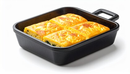 Four golden-brown baked omelets are presented in a black rectangular baking dish, ready to be served.
