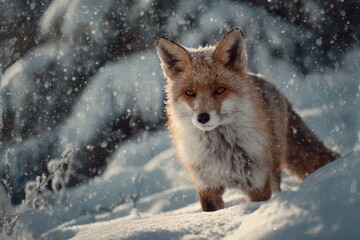 Obraz premium Elegant red fox navigating through deep snow in a winter wonderland at dawn, surrounded by shimmering snowflakes and a serene landscape