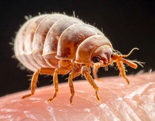 Close-up view of a bed bug on human skin, showcasing intricate details and textures of its segmented body and legs.