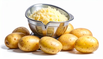 Close-up shot of raw potatoes with a metal grater filled with grated potatoes.