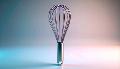 A sleek metal wire whisk stands upright against a minimalist, softly lit background with blue and pink tones.