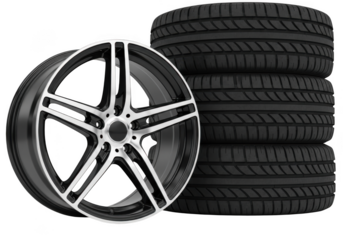 Car alloy wheel and stack of tires isolated on transparent background