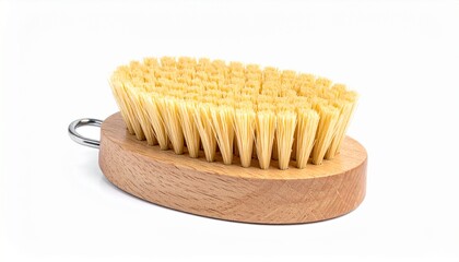 A natural bristle scrub brush with an oval wooden handle and a metal ring, isolated on a clean white background.