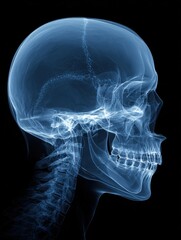 This visual presents a side view of a human skull and upper spine in X-ray form, highlighting detailed anatomical structures against a dark backdrop.