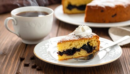 A slice of plum cake with whipped cream sits on a plate next to a cup of coffee on a wooden table.