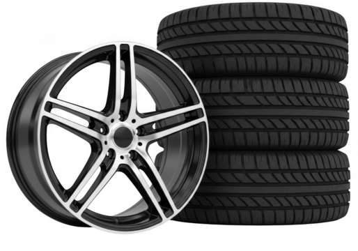 Car alloy wheel and stack of tires isolated on transparent background