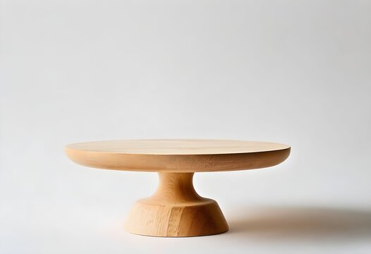 Elegant light wooden cake stand with a round top and sturdy base on a white background.